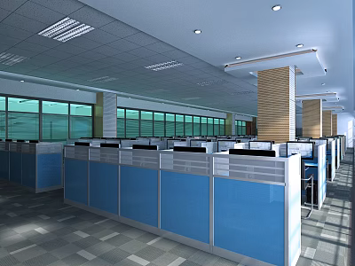 Public Office Space With Blue Cubicles Open Layout Large Windows And Ceiling Lights 3d model