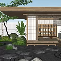 Traditional Japanese Courtyard Garden With Wooden Roof Stone Path And Lush Greenery