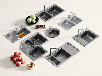 Modern Kitchen Sinks in Different Designs with Fresh Fruits and Nuts 3d model