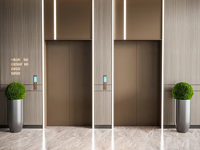 Modern Elevator Entrance With Wooden Wall Panels LED Strip Lights And Potted Green Plants 3d model