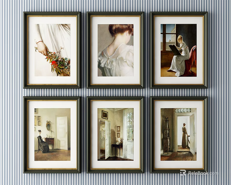 Six Framed Portrait Paintings Hanging on Striped Wall with Classic Frames 3d model 