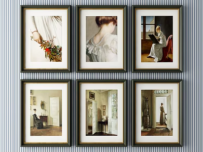 Six Framed Portrait Paintings Hanging on Striped Wall with Classic Frames 3d model