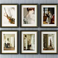 Six Framed Portrait Paintings Hanging on Striped Wall with Classic Frames