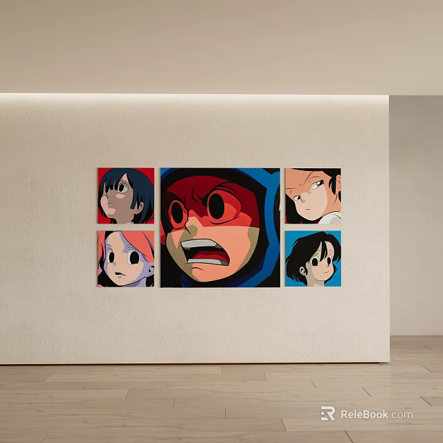 Anime Character Portraits Wall Art Featuring Five Different Expressions On Light Wall 3d model