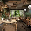 Rustic Restaurant Interior With Wooden Ceiling Hanging Green Plants Projection Screen And Wooden Tables
