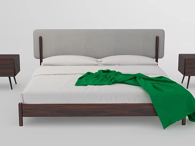 Double Bed with Gray Upholstered Headboard Dark Wooden Frame White Sheets Green Blanket Side Nightstands 3d model