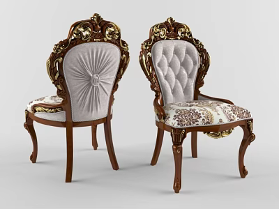 Ornate Carved Wooden Dining Chairs With Upholstered Back And Gold Accents 3d model