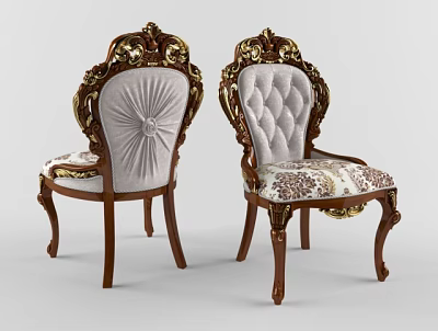 Ornate Carved Wooden Dining Chairs With Upholstered Back And Gold Accents 3d model