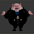 Chubby Cartoon Pig Character With Red Ears Black Jacket Open Arms Exaggerated Expression Gold Buttons