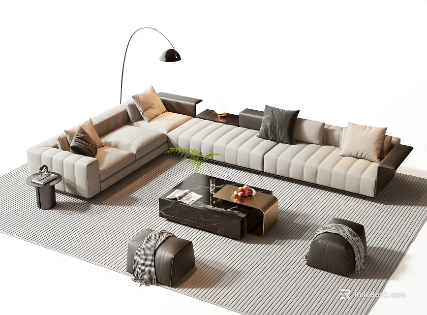 Modern Living Room Sofa Coffee Table Set With Neutral Tones Striped Rug And Floor Lamp 3d model 