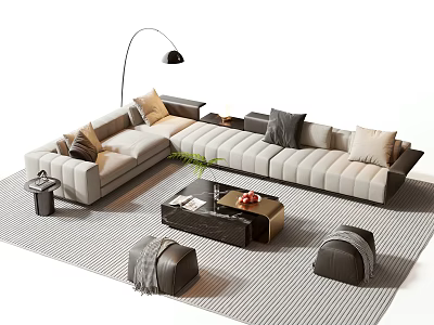 Modern Living Room Sofa Coffee Table Set With Neutral Tones Striped Rug And Floor Lamp 3d model
