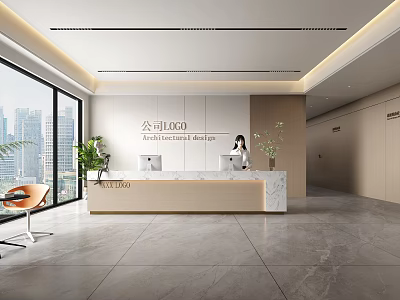 Modern Office Reception Desk With Company Logo Marble Countertop Receptionist Large Windows And Green Plants 3d model