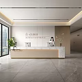 Modern Office Reception Desk With Company Logo Marble Countertop Receptionist Large Windows And Green Plants