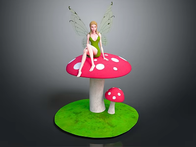 Fairy Sitting On Red Mushroom With White Spots And Small Mushroom On Green Grass Base 3d model