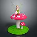 Fairy Sitting On Red Mushroom With White Spots And Small Mushroom On Green Grass Base