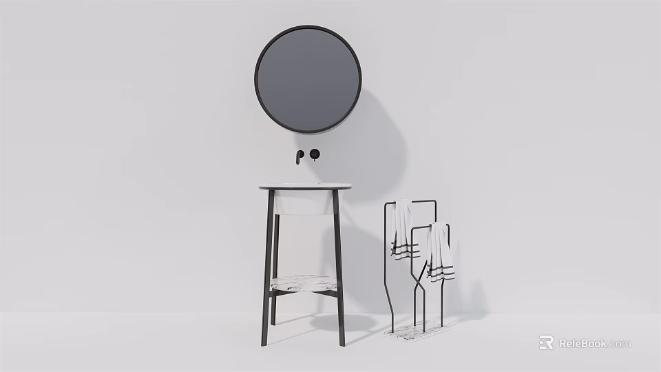 Modern Minimalist Washbasin Design With Round Mirror And Transparent Accessory Rack 3d model 
