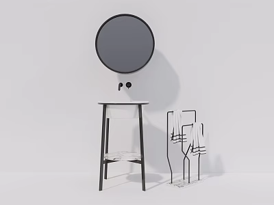 Modern Minimalist Washbasin Design With Round Mirror And Transparent Accessory Rack 3d model