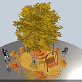 Vibrant Yellow Tree With Fallen Leaves Bench And Street Lamps Photo Check in Spot