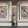 Colorful Abstract Paintings With Dynamic Patterns On Wall In Modern Interior With Sculpture
