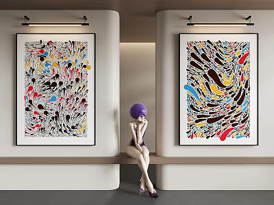 Colorful Abstract Paintings With Dynamic Patterns On Wall In Modern Interior With Sculpture 3d model
