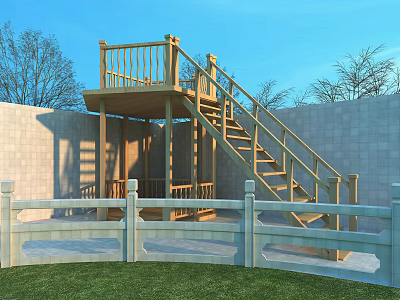 Outdoor Wooden Staircase With Platform Stone Wall Grass Trees And Railing 3d model