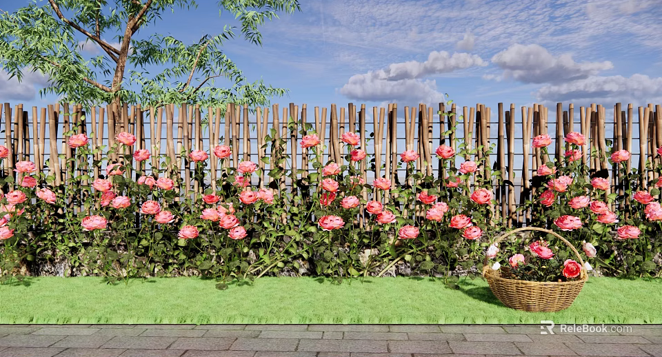 Wooden Garden Fence Adorned With Pink Roses And Green Grass Under Blue Sky 3d model 