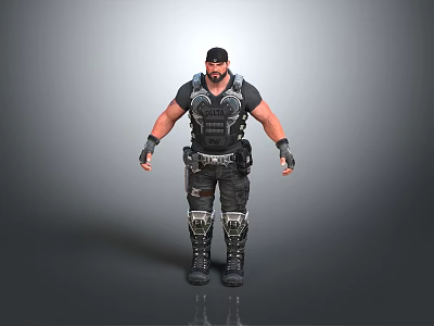 A Muscular Man Wearing Tactical Gear In Black Outfit With Knee Pads And Gloves 3d model