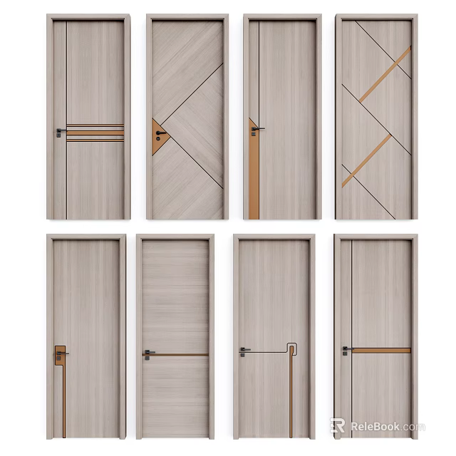 Modern Wooden Hinged Doors With Decorative Lines And Various Handle Styles 3d model