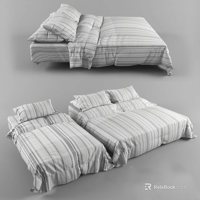 Striped Double Bed With Matching Bed Sheets Pillows And Duvet In Bedroom 3d model 
