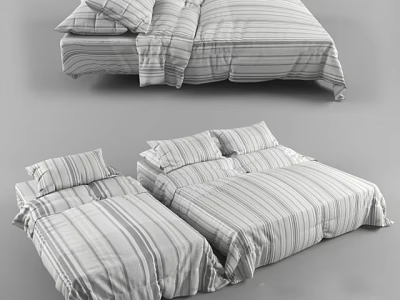 Striped Double Bed With Matching Bed Sheets Pillows And Duvet In Bedroom 3d model