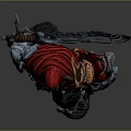 Detailed Fantasy Game Warrior Character in Heavy Armor with Red Cape Holding Axe and Hammer