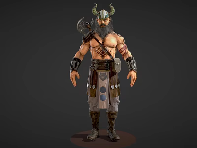 Viking Man With Horned Helmet Holding Axe Shirtless With Tattoos Wearing Leather Skirt And Boots 3d model