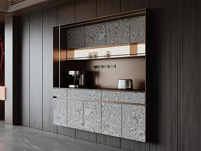 Modern Dark Wooden Sideboard With Metal Accents And Coffee Appliances In Dining Area 3d model