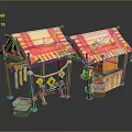 Modern Street Market Stalls With Red White Striped Roofs And Wooden Crates