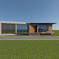 Modern Detached Villa With Stone Wooden Exterior Glass Windows Flat Roof And Lawn Stone Pathway