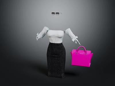 Women's Fashion Outfit With White Ruffle Sleeve Top Black Sequin Skirt Pink Handbag And Sunglasses 3d model