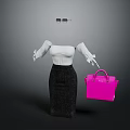 Women's Fashion Outfit With White Ruffle Sleeve Top Black Sequin Skirt Pink Handbag And Sunglasses