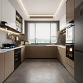 Sleek Modern Kitchen Interior With Light Cabinets Countertop Appliances And Window Blinds