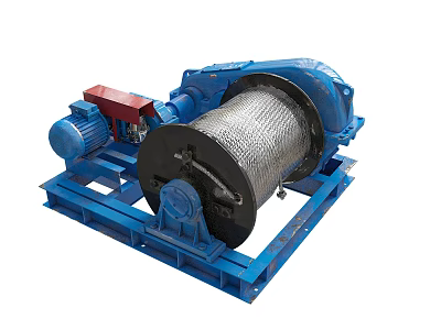 Blue Industrial Winch With Electric Motor And Steel Cable Drum On Metal Base 3d model