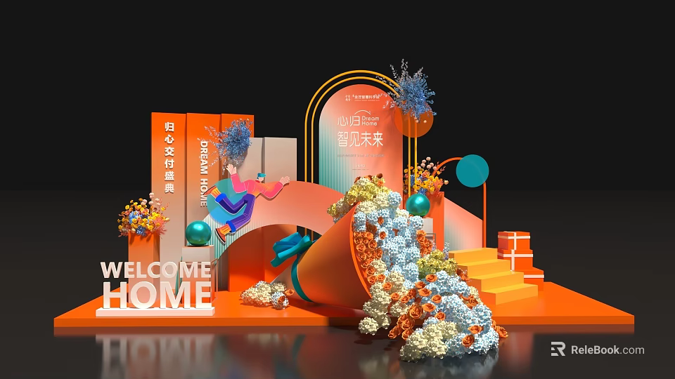 Modern Creative Photo Check-in Spot With Colorful Arch Flower Decorations And Welcome Home Sign 3d model 