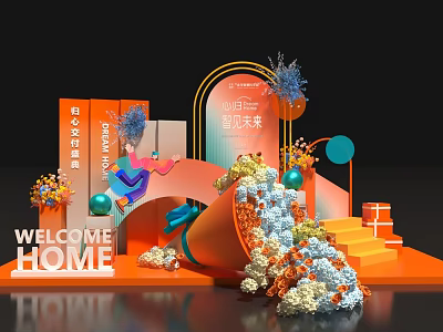 Modern Creative Photo Check-in Spot With Colorful Arch Flower Decorations And Welcome Home Sign 3d model