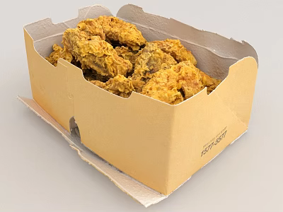 Golden Crispy Fried Chicken Pieces in Takeout Paper Box Container 3d model