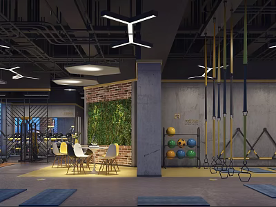Modern Fitness Gym Interior Featuring Green Wall Exercise Balls Yoga Mats Seating And Industrial Elements 3d model