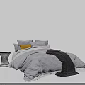 Modern Double Bed With Gray Plaid Quilt Yellow Accent Pillow Black Blanket And Bedside Tables