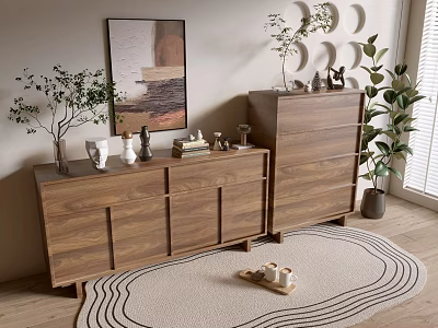 Wooden Entryway Cabinet and Side Cabinet with Decorative Items Plants Wall Art and Rug 3d model