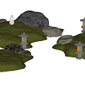 Garden Ornaments With Green Grass Various Rocks White Statue And Stone Lanterns With Warm Light