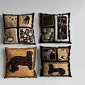 Decorative Patchwork Pillows Featuring Animal Floral Bamboo Plaid Patterns Brown Beige With Black Trim 3d model