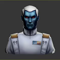 Blue Skinned White Haired Red Eyed Game Character In White Uniform With Golden Epaulettes