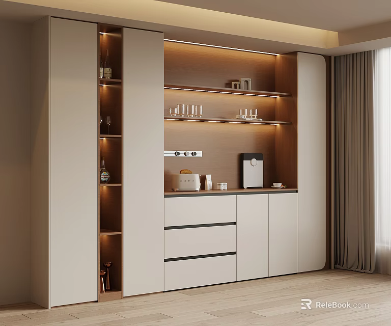 Elegant Modern Sideboard Cabinet With Lighted Shelves Drawers And Decorative Glasses 3d model 