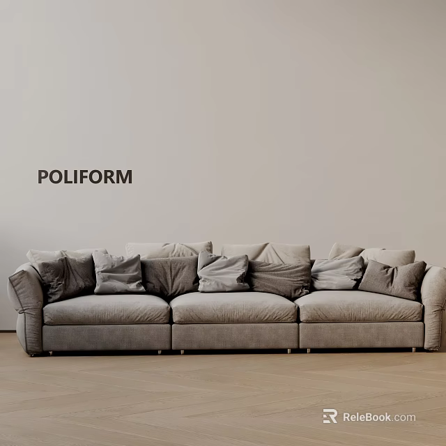 POLIFORM Modern Three Seater Gray Sofa With Multiple Soft Comfortable Pillows 3d model 